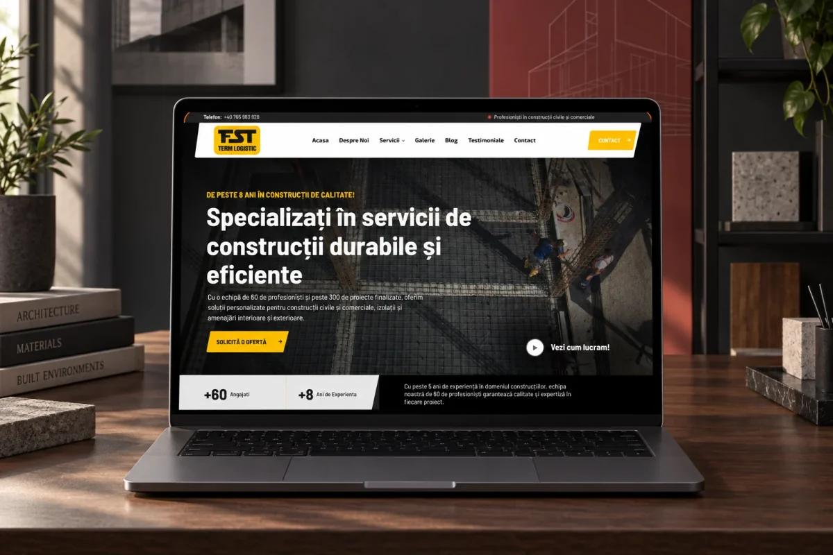 Site de prezentare pentru FST Construcții Civile, afișat pe laptop